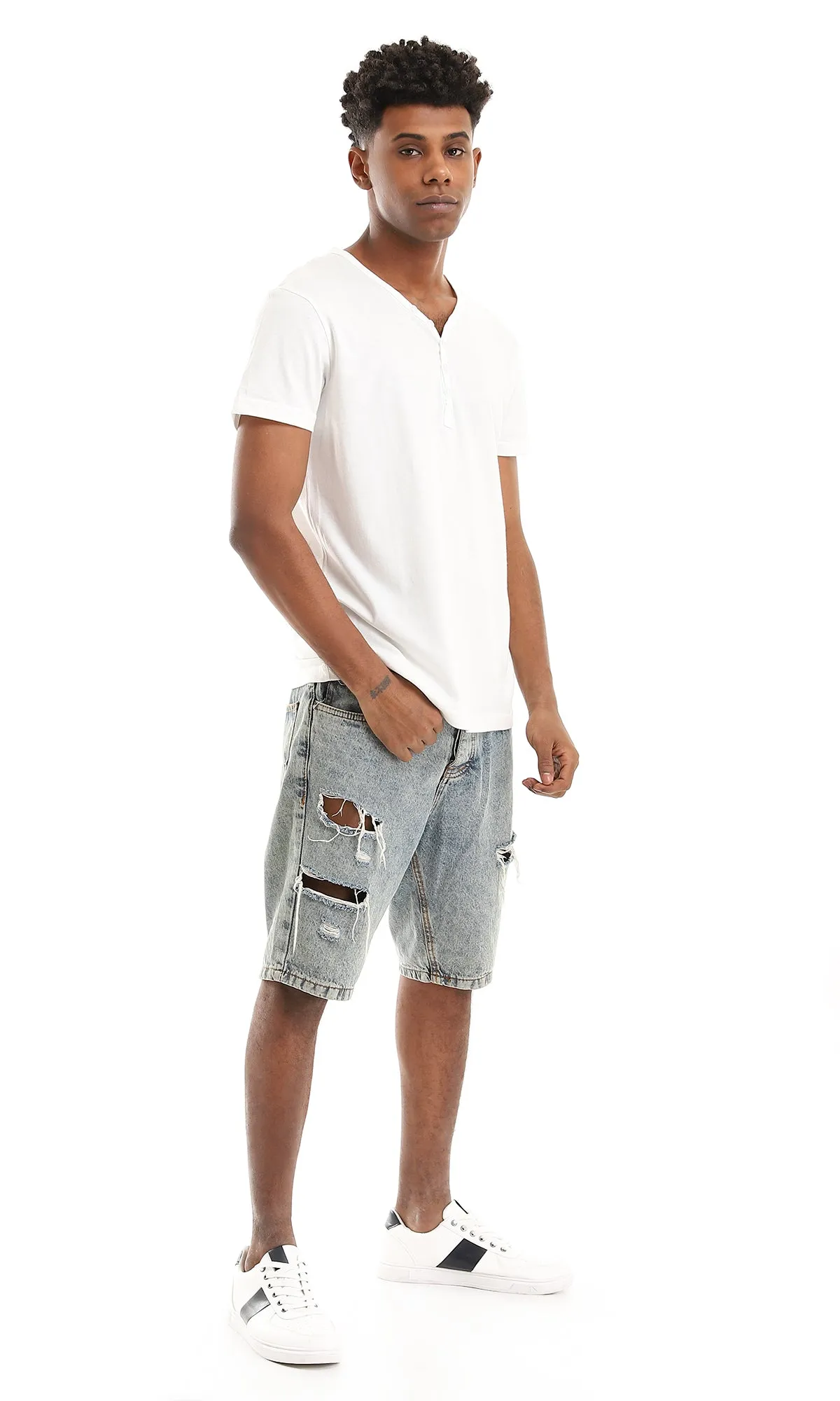 21224 Solid Buttoned V-Neck Basic Henley Shirt - White