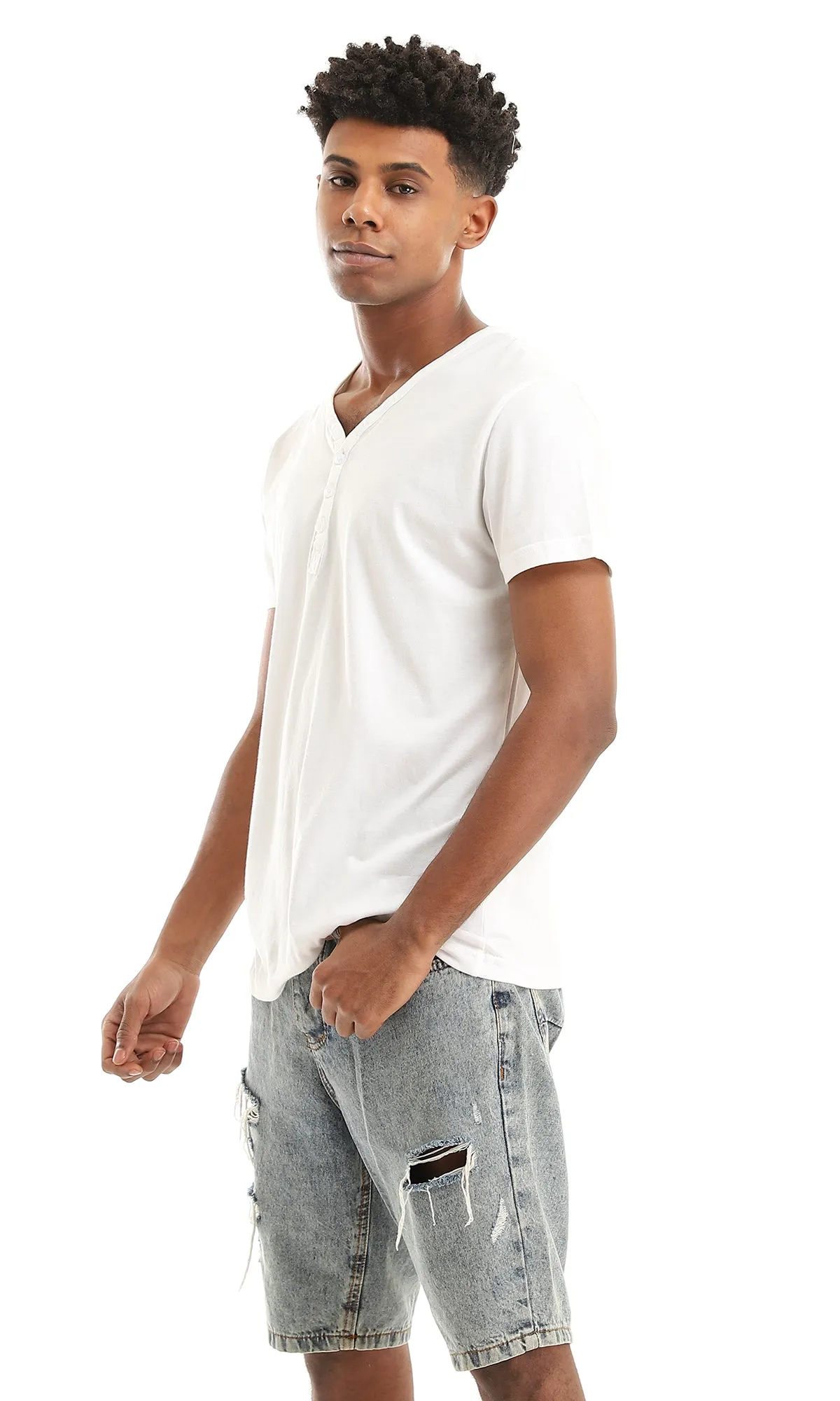 21224 Solid Buttoned V-Neck Basic Henley Shirt - White