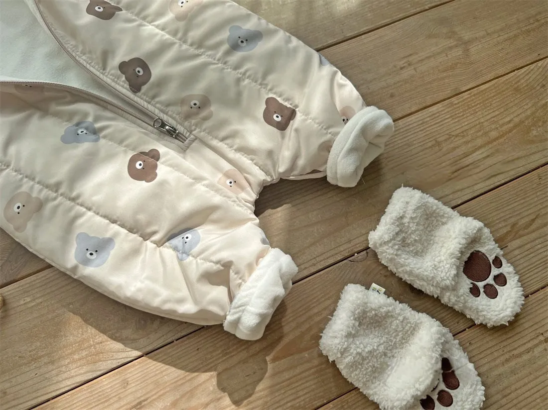 Baby Bear Print Pattern Quilted Warm Coat & Jumpsuit