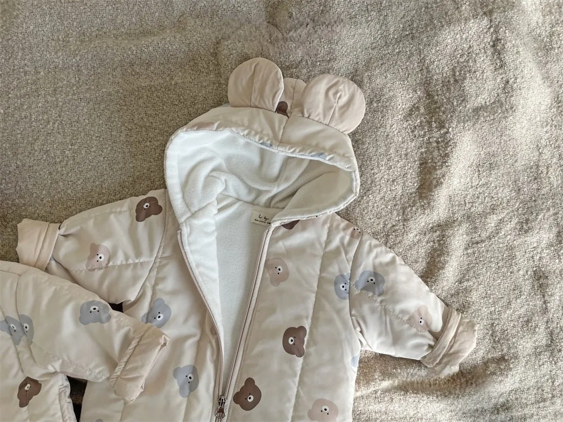 Baby Bear Print Pattern Quilted Warm Coat & Jumpsuit
