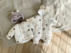 Baby Bear Print Pattern Quilted Warm Coat & Jumpsuit