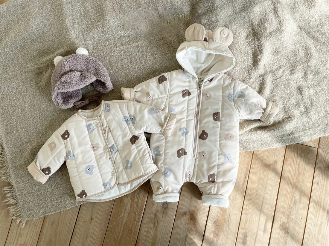Baby Bear Print Pattern Quilted Warm Coat & Jumpsuit