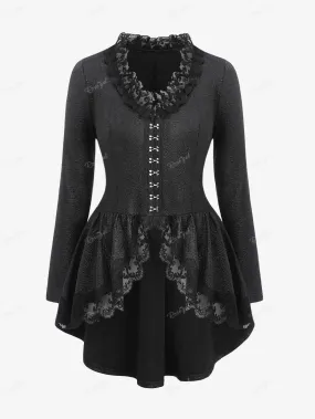 Ros gal Plus Size Gothic Mäntel schwarz strukturierte florale Spitze Trim Haken und Augen Rüschen asymmetrische Jacken Frauen fallen, Frühling Outwear