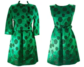 Size 10 Haute Cocktail Dress & Jacket Set by Mollie Parnis - Emerald Green Silk Satin Black Floral - Sublime Quality 1950s 60s Formal