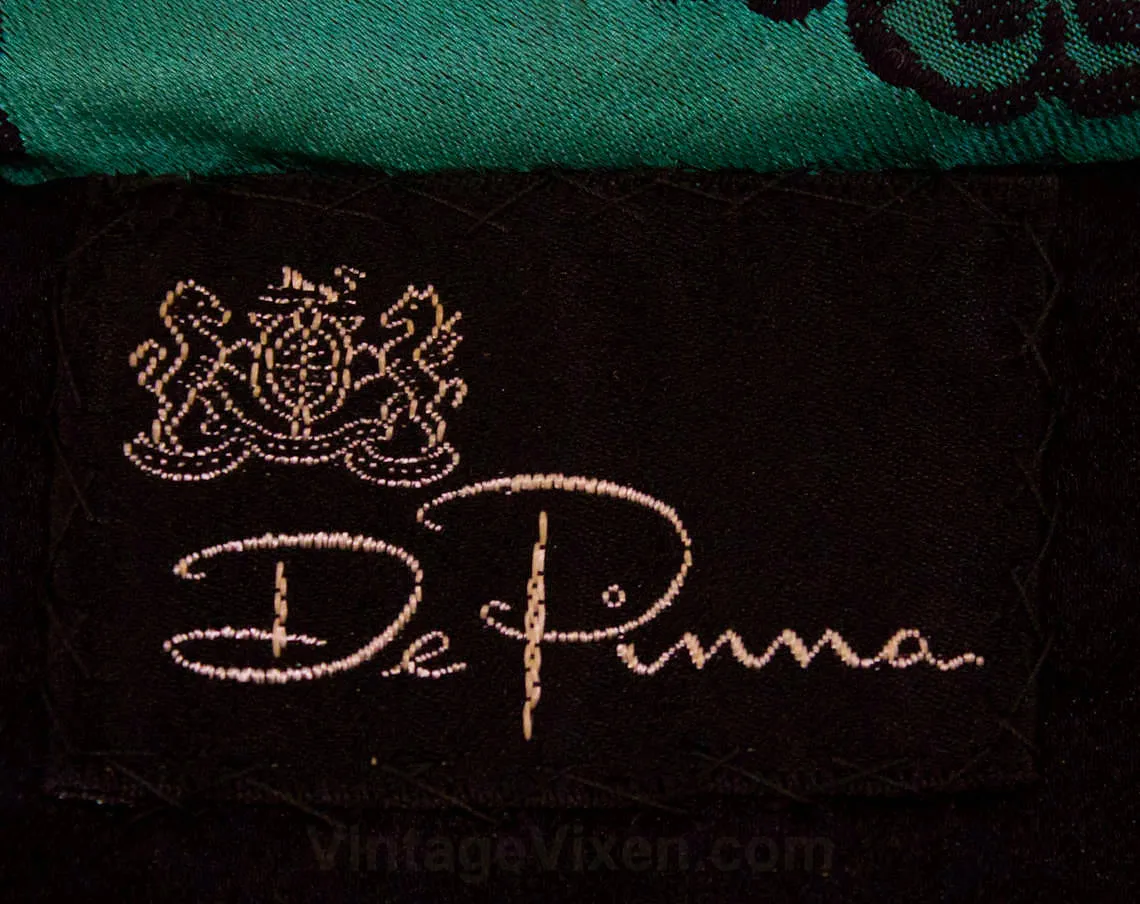 Size 10 Haute Cocktail Dress & Jacket Set by Mollie Parnis - Emerald Green Silk Satin Black Floral - Sublime Quality 1950s 60s Formal