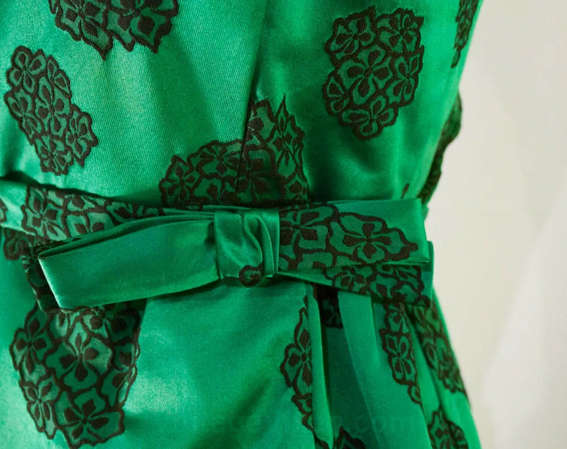 Size 10 Haute Cocktail Dress & Jacket Set by Mollie Parnis - Emerald Green Silk Satin Black Floral - Sublime Quality 1950s 60s Formal