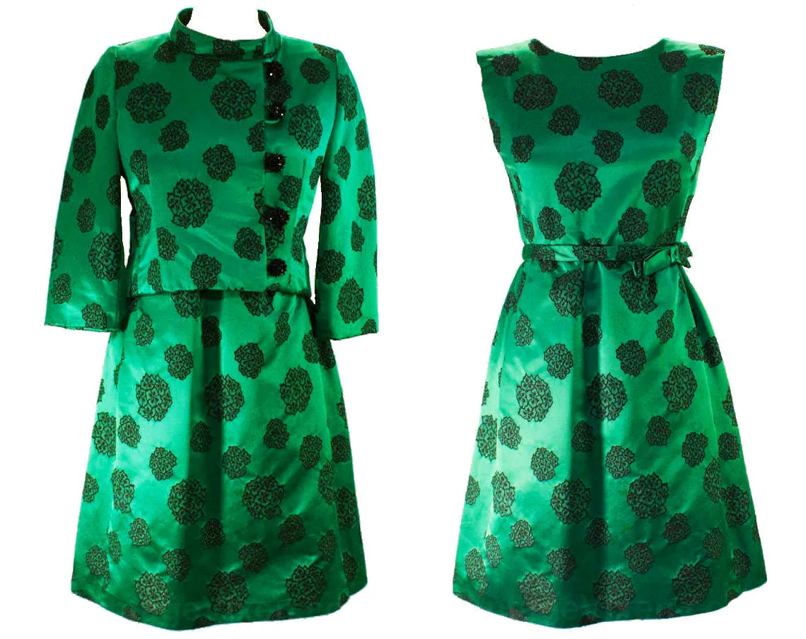 Size 10 Haute Cocktail Dress & Jacket Set by Mollie Parnis - Emerald Green Silk Satin Black Floral - Sublime Quality 1950s 60s Formal