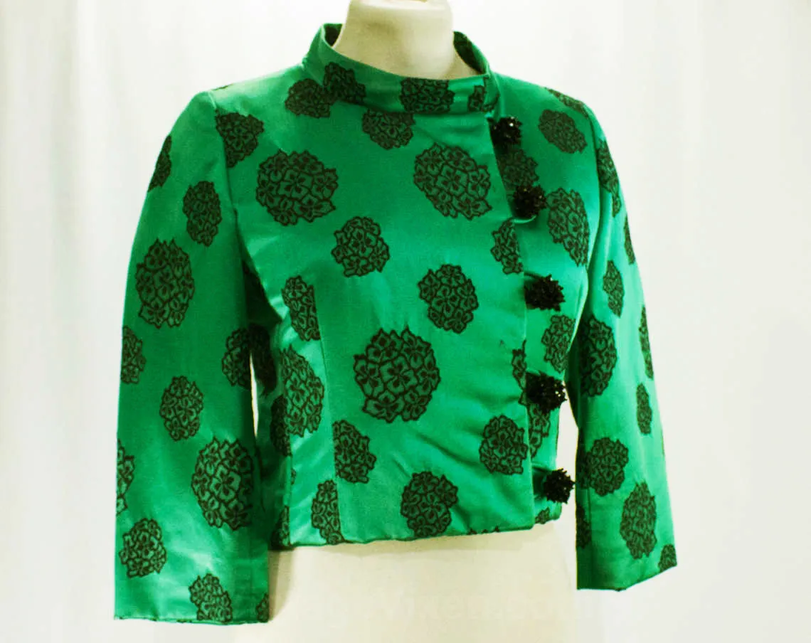 Size 10 Haute Cocktail Dress & Jacket Set by Mollie Parnis - Emerald Green Silk Satin Black Floral - Sublime Quality 1950s 60s Formal