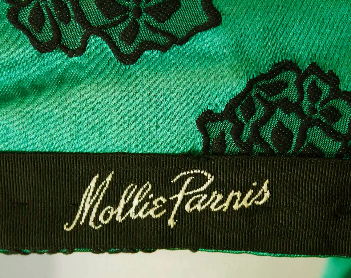 Size 10 Haute Cocktail Dress & Jacket Set by Mollie Parnis - Emerald Green Silk Satin Black Floral - Sublime Quality 1950s 60s Formal