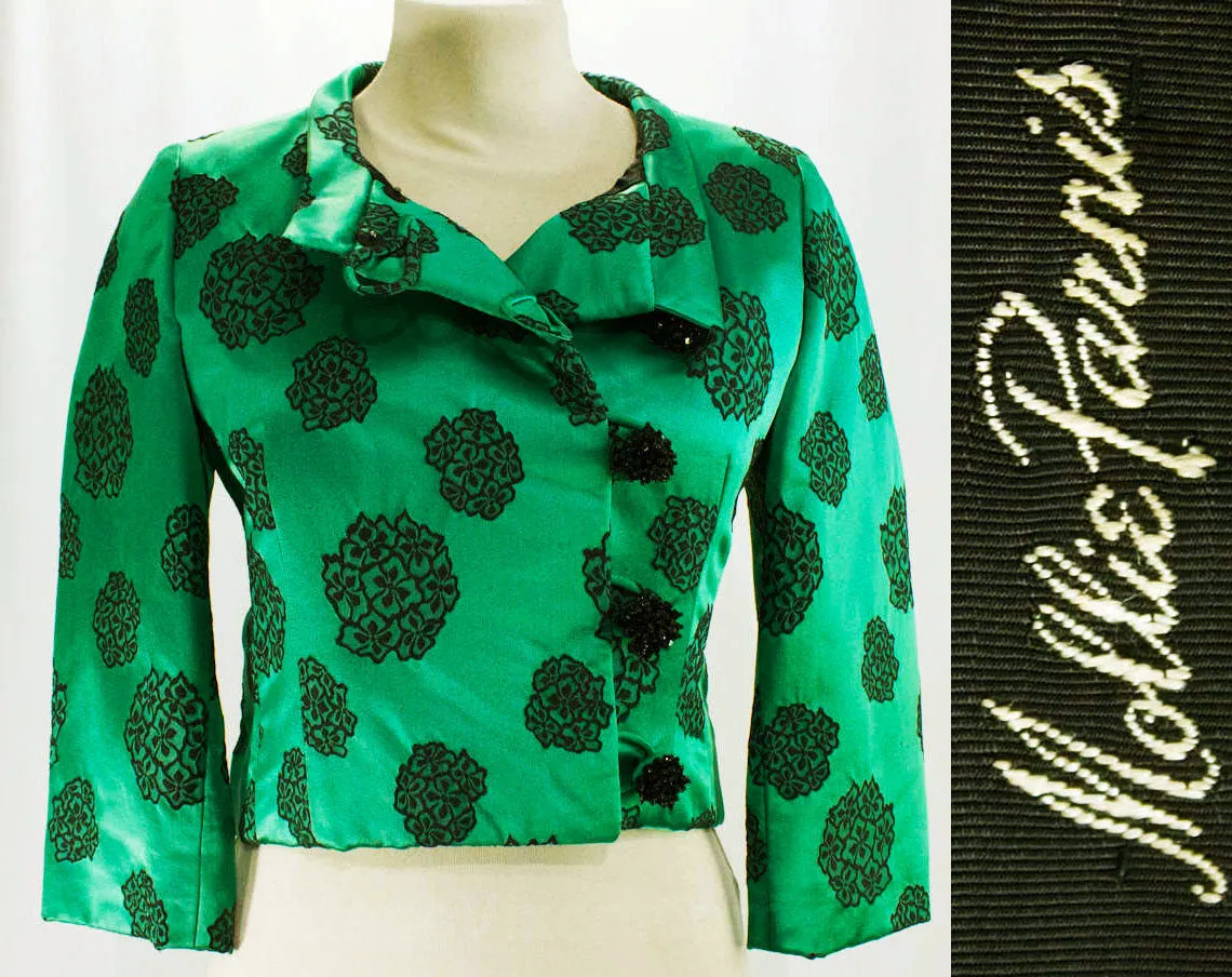 Size 10 Haute Cocktail Dress & Jacket Set by Mollie Parnis - Emerald Green Silk Satin Black Floral - Sublime Quality 1950s 60s Formal