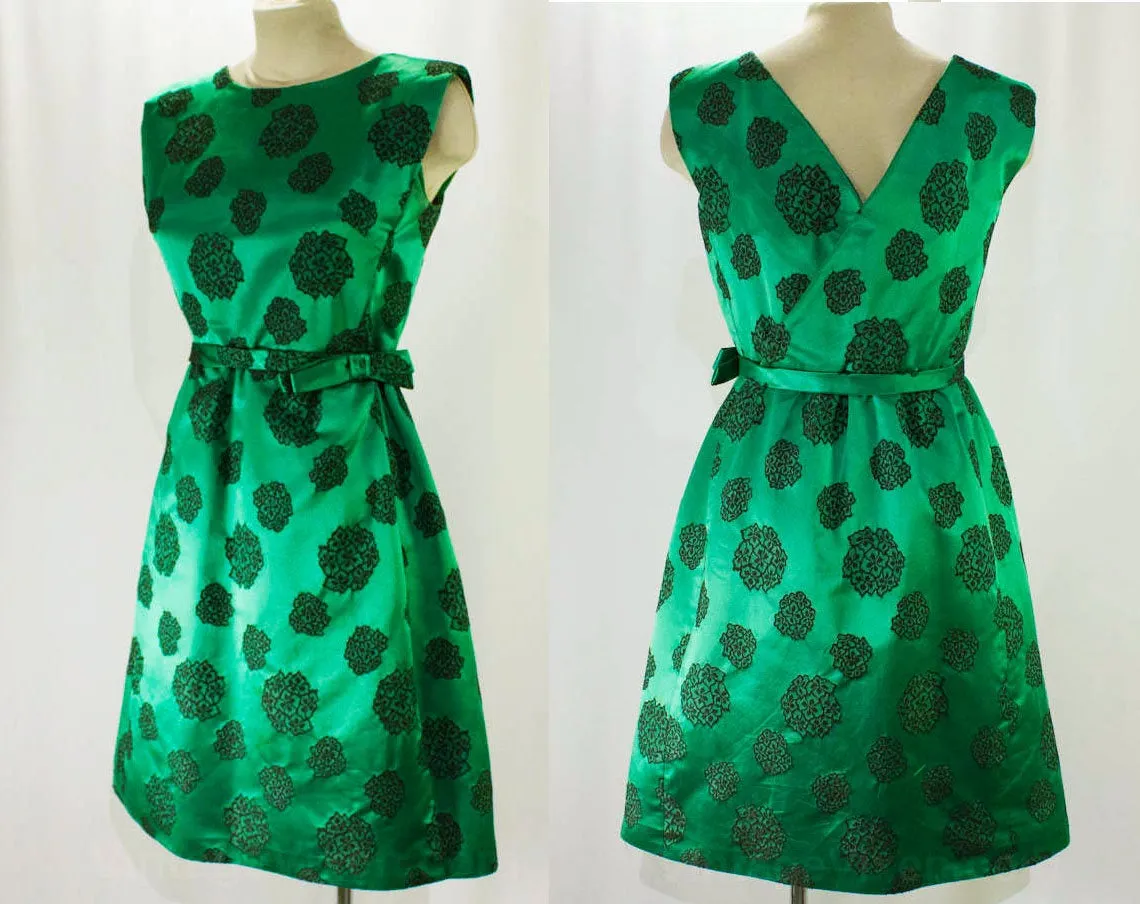 Size 10 Haute Cocktail Dress & Jacket Set by Mollie Parnis - Emerald Green Silk Satin Black Floral - Sublime Quality 1950s 60s Formal