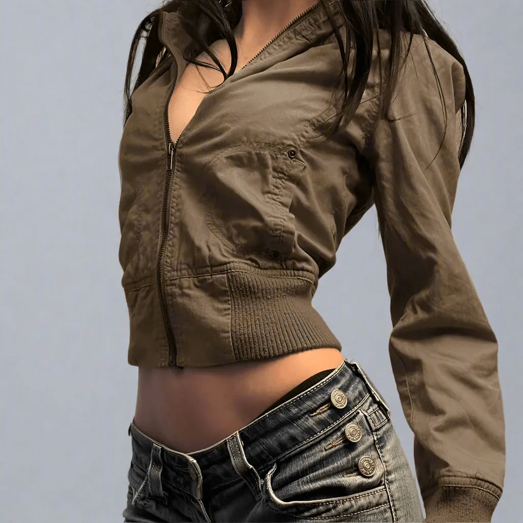 Vintage Cropped Jacket | Women’s Casual Coat Slim Pocket Zip Up