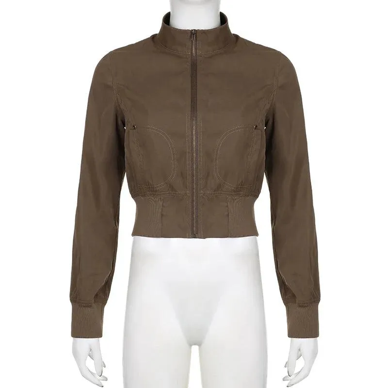 Vintage Cropped Jacket | Women’s Casual Coat Slim Pocket Zip Up