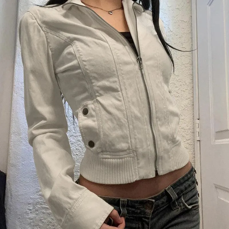 Vintage Cropped Jacket | Women’s Casual Coat Slim Pocket Zip Up