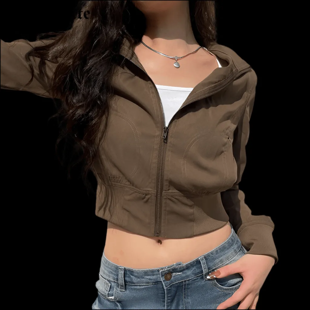 Vintage Cropped Jacket | Women’s Casual Coat Slim Pocket Zip Up