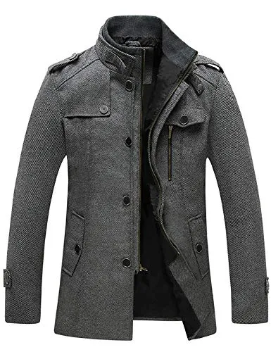Wantdo Men's Casual Mid Length Coat Windproof Wool Jacket Grey Large